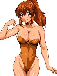 Rule 34 | 1girl, breasts, brown eyes, brown hair, choker, cleavage, closed mouth, collarbone, covered navel, cowboy shot, curvy, highleg, highleg leotard, highres, inaba (tensai21), large breasts, leotard, long hair, looking at viewer, orange leotard, orange neckwear, original, ponytail, shiny skin, sidelocks, simple background, smile, solo, standing, strapless, strapless leotard, thighs, white background