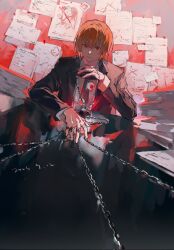 Rule 34 | 1boy, black jacket, black necktie, black suit, blonde hair, chain, closed mouth, collared shirt, corrupted twitter file, formal, hand up, highres, hunter x hunter, jacket, jewelry, kurapika, long sleeves, looking at viewer, male focus, mei ren, necktie, paper, paper stack, red background, red eyes, ring, shirt, short hair, solo, suit, upper body, white shirt