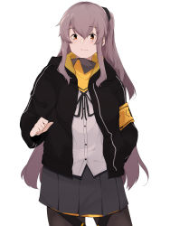 Rule 34 | 1girl, absurdres, armband, black jacket, black pantyhose, brown eyes, closed mouth, daigaku jitome, girls&#039; frontline, grey hair, hair between eyes, hand in pocket, highres, jacket, long hair, long sleeves, one side up, open clothes, open jacket, pantyhose, pleated skirt, scar, scar across eye, scar on face, shirt, sidelocks, simple background, skirt, solo, ump45 (girls&#039; frontline), very long hair, white background