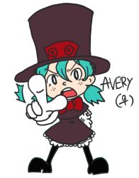Rule 34 | ^^^, 1girl, avery (skullgirls), blue hair, bow, bowtie, dress, freckles, gloves, hand on own hip, hat, looking at viewer, nyoro mutou, open mouth, personification, pointing, pointing at viewer, short twintails, skullgirls, solo, standing, top hat, twintails