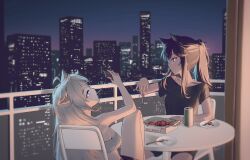 Rule 34 | 2girls, animal ears, arknights, bandeau, bare arms, bare shoulders, black hair, black shirt, can, cigarette, city, commentary request, grey hair, highres, holding, kfc, lappland (arknights), mouth hold, multiple girls, night, outdoors, railing, shirt, siguya, sky, strapless, table, texas (arknights), tube top, wolf ears