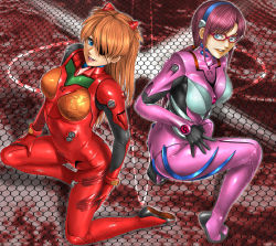 Rule 34 | 10s, 2girls, blue eyes, blush, bodysuit, breasts, breasts apart, brown hair, evangelion: 3.0 you can (not) redo, eyepatch, from side, full body, glasses, hair ornament, hair over one eye, hairband, highres, legs apart, long hair, looking at viewer, makinami mari illustrious, multiple girls, neon genesis evangelion, on one knee, open mouth, outline, parted bangs, plugsuit, ponytail, rebuild of evangelion, skin tight, souryuu asuka langley, toten (der fuhrer), twintails, two side up
