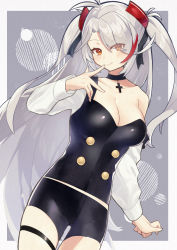 1girl, absurdres, akutaa, alternate costume, antenna hair, azur lane, bangs, bike shorts, breasts, brown eyes, casual, choker, cleavage, collarbone, commentary request, contemporary, cross choker, eyebrows visible through hair, eyes visible through hair, finger to mouth, grey background, hair ornament, highres, huge filesize, large breasts, long hair, looking at viewer, multicolored hair, navel, prinz eugen (azur lane), sidelocks, silver hair, simple background, smile, solo, two-tone hair, two side up