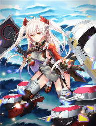 Rule 34 | 1girl, antenna hair, azur lane, bad id, bad pixiv id, black gloves, black thighhighs, breasts, buttons, cross, cup6542, day, dress, floating hair, garter straps, gloves, hair ornament, hand up, highres, long hair, long sleeves, looking at viewer, machinery, medium breasts, multicolored hair, ocean, outdoors, parted lips, prinz eugen (azur lane), red footwear, red hair, rigging, shoes, sidelocks, solo, taut clothes, thighhighs, turret, two-tone hair, two side up, very long hair, water, white hair, yellow eyes
