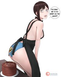Rule 34 | 1girl, absurdres, apron, black apron, blue panties, breasts, brown eyes, brown hair, cake, chainsaw man, dismaiden, english text, family burger (chainsaw man), food, hair ornament, hairclip, happy birthday, higashiyama kobeni, highres, medium breasts, mole, mole on cheek, mole under eye, mole under mouth, naked apron, open mouth, panties, short ponytail, sideboob, simple background, single sidelock, solo, speech bubble, sweatdrop, underwear, white background