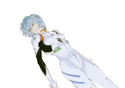 Rule 34 | 1girl, ayanami rei, blue hair, bodysuit, commentary request, cow, expressionless, highres, interface headset, kgeroua, neon genesis evangelion, orange eyes, parted lips, plugsuit, short hair, simple background, skin tight, solo, white background, white bodysuit