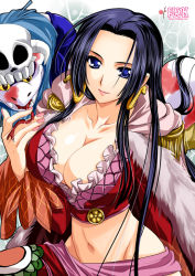Rule 34 | 1girl, amazon lily, amazon warrior, black hair, blue eyes, boa hancock, breasts, cleavage, earrings, frills, groin, jewelry, kanna (plum), large breasts, long hair, midriff, navel, one piece, salome (one piece), skull, snake, solo