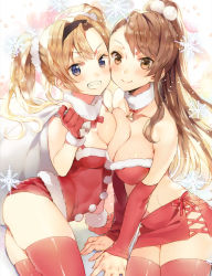 Rule 34 | 10s, 2girls, asymmetrical bangs, asymmetrical docking, bare shoulders, beatrix (granblue fantasy), bell, blonde hair, blue eyes, blush, breast press, breasts, brown eyes, brown hair, christmas, cleavage, collar, collarbone, commentary request, fur collar, granblue fantasy, grin, hairband, ikeya, large breasts, long hair, looking at viewer, medium breasts, merry christmas, miniskirt, multiple girls, neck bell, ponytail, red ribbon, ribbon, santa costume, short shorts, shorts, skirt, smile, teeth, thighhighs, twintails, zeta (granblue fantasy)