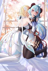 Rule 34 | 2girls, absurdres, ahoge, backless dress, backless outfit, bell, black pantyhose, blonde hair, blue hair, blush, breasts, crying, crying with eyes open, detached sleeves, dress, feather hair ornament, feathers, fingerless gloves, flower, ganyu (genshin impact), genshin impact, gloves, hair ornament, highres, horns, kneeling, long hair, lumine (genshin impact), medium breasts, multiple girls, pantyhose, pelvic curtain, rope, scarf, shenlan yu jiangzi, short hair, short hair with long locks, tears, vision (genshin impact), white dress, white scarf, yuri
