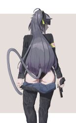 Rule 34 | 1girl, absurdres, animal ears, arknights, ass, black panties, black pants, black shirt, blue hair, cat ears, cat girl, cat tail, character name, clothes pull, from behind, green eyes, gun, handgun, headset, highres, holding, holding gun, holding weapon, implied extra ears, jessica (arknights), jessica the liberated (arknights), long hair, looking at viewer, looking back, official alternate costume, panties, pants, pants pull, rangertle, shirt, sidelocks, solo, tail, underwear, very long hair, weapon