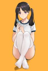 Rule 34 | 1girl, ass, bad id, bad pixiv id, black hair, blue buruma, bottle, breasts, buruma, collarbone, feet, full body, gym uniform, hands up, highres, holding, holding bottle, knees up, long hair, looking at viewer, medium breasts, mole, mole under eye, no shoes, orange background, original, parted bangs, parted lips, purple eyes, qian yuan, shadow, shirt, short sleeves, simple background, sitting, smile, solo, thighhighs, twintails, water bottle, white shirt, white thighhighs