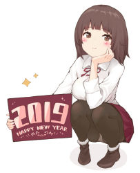 Rule 34 | 1girl, 2019, bad id, bad pixiv id, black pantyhose, blush, breasts, brown eyes, brown footwear, brown hair, closed mouth, collared shirt, commentary request, dress shirt, full body, fur-trimmed footwear, fur trim, grey panties, hand up, happy new year, head rest, holding, long hair, long sleeves, looking at viewer, medium breasts, miniskirt, neck ribbon, new year, original, panties, panties over pantyhose, pantyhose, popo (java sparrow 512), red ribbon, red skirt, ribbon, school uniform, shadow, shirt, shoes, simple background, skirt, smile, solo, sparkle, squatting, underwear, white background, white shirt