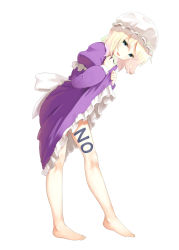 Rule 34 | 1girl, bare legs, barefoot, blonde hair, blush, body writing, clothes lift, dress, dress lift, frills, full body, green eyes, hat, highres, hota, long sleeves, looking at viewer, maribel hearn, mob cap, no, open mouth, puffy sleeves, purple dress, seductive smile, short hair, smile, solo, touhou, white background