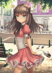 Rule 34 | 1girl, aqua eyes, arms behind back, bag, bench, bird, bow, bowtie, brown hair, building, cat, city, corset, day, dress, frilled dress, frills, from side, handbag, high collar, highres, holding, holding bag, lan xing luren, long hair, looking at viewer, original, outdoors, park bench, pavement, pigeon, pink dress, pom pom (clothes), puffy short sleeves, puffy sleeves, road, shade, short sleeves, smile, solo focus, street, sunlight, walking
