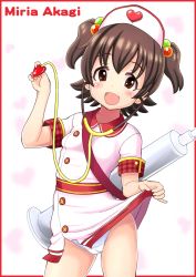 Rule 34 | 10s, 1girl, :d, akagi miria, cameltoe, character name, cleft of venus, clothes lift, cowboy shot, dress, dress lift, female focus, hair bobbles, hair ornament, hat, heart, highres, holding, idolmaster, idolmaster cinderella girls, looking at viewer, nurse, nurse cap, open mouth, panties, qm, short sleeves, smile, solo, standing, stethoscope, two side up, underwear, white panties