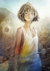 Rule 34 | 1girl, bare shoulders, blue eyes, bob cut, brown hair, flat chest, highres, looking at viewer, nababa, original, short hair, solo, tank top