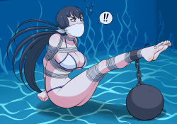 Rule 34 | !, !!, 10s, 1girl, arms behind back, asphyxiation, ball and chain restraint, barefoot, bdsm, bikini, black hair, blue eyes, bondage, bound, breast bondage, breasts, cleavage, cloth gag, drowning, eyebrows, gag, gagged, improvised gag, jam-orbital, kill la kill, kiryuuin satsuki, large breasts, long hair, navel, over the mouth gag, peril, rope, solo, swimsuit, thick eyebrows, toes, underboob, underwater, white bikini