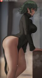 Rule 34 | 1girl, alternate breast size, arched back, ass, bare legs, black dress, blurry, blurry background, blush, breasts, closed mouth, commentary, curvy, dress, from side, green eyes, green hair, hair between eyes, highres, huge ass, indoors, large breasts, leaning forward, light frown, long sleeves, looking at viewer, medium hair, one-punch man, oroborus, patreon logo, patreon username, pelvic curtain, profile, standing, steaming body, tatsumaki, thick thighs, thighs, watermark, web address, wide hips