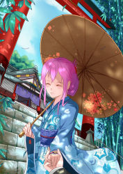 Rule 34 | 10s, 1girl, day, closed eyes, guilty crown, hair ornament, hairclip, holding hands, highres, japanese clothes, jzorg, kimono, long hair, pink hair, shrine, sky, smile, solo, solo focus, temple, torii, traditional clothes, umbrella, yuzuriha inori