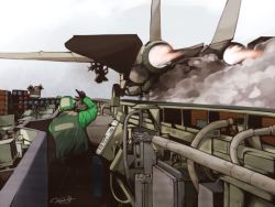 Rule 34 | 1boy, afterburner, aircraft, aircraft carrier, airplane, derivative work, drop tank, eiri (eirri), f-14, fighter jet, jet, landing gear, military, military vehicle, missile, photo-referenced, ship, signature, smoke, taking off, vehicle focus, warship, watercraft