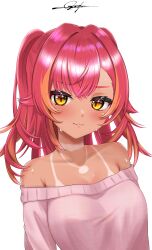 Rule 34 | 1girl, :3, bare shoulders, breasts, gyaru, highres, large breasts, long hair, looking at viewer, nekota tsuna, no bra, off-shoulder sweater, off shoulder, orange hair, pink sweater, prsdubstep, red hair, signature, simple background, smug, solo, sweat, sweater, tan, tanline, two side up, upper body, virtual youtuber, vspo!, white background, yellow eyes