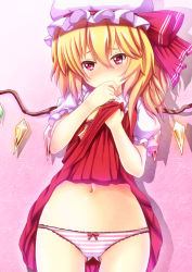 Rule 34 | 1girl, blonde hair, blush, bow, bow panties, clothes lift, commentary request, ebi 193, flandre scarlet, hat, looking at viewer, md5 mismatch, navel, panties, petite, red eyes, side ponytail, skirt, skirt lift, solo, striped clothes, striped panties, tears, touhou, underwear, upskirt, wings