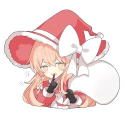 Rule 34 | 1girl, adapted costume, black gloves, blonde hair, bow, christmas, finger to mouth, gloves, hat, highres, holding, holding sack, jacket, kirisame marisa, large bow, long hair, red hat, red jacket, sack, santa costume, shirocha tei, shushing, solo, touhou, white background, white bow, witch hat, yellow eyes