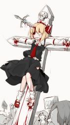 Rule 34 | 1girl, black skirt, blonde hair, blood, blood on face, bolos, commentary, cross, crucifixion, death, english text, full body, guro, hair ribbon, highres, impaled, leg warmers, long sleeves, multiple boys, nail, necktie, outstretched arms, red eyes, red footwear, red neckwear, red ribbon, revision, ribbon, rumia, shoes, sign, simple background, single shoe, skirt, skirt set, skull, solo focus, sword, torn clothes, torn skirt, touhou, vest, weapon, white background, white legwear