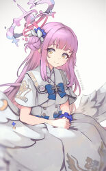 Rule 34 | 1girl, angel wings, bespin, blue archive, blush, capelet, closed mouth, crescent, crescent pin, dress, feathered wings, flower, hair bun, hair flower, hair ornament, halo, highres, long hair, looking at viewer, mika (blue archive), pink hair, pink halo, purple flower, simple background, single side bun, smile, solo, twitter username, white background, white capelet, white dress, white wings, wings, yellow eyes