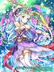 Rule 34 | 1girl, arm up, bare shoulders, blue hair, bow (weapon), bracelet, breasts, cleavage, company name, day, detached sleeves, dragon tactics, dress, flower, jewelry, long hair, medium breasts, official art, outdoors, pink eyes, purple dress, rainbow, see-through, smile, solo, standing, tayashitsu, thighhighs, very long hair, water, weapon, white thighhighs