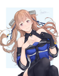 Rule 34 | 1girl, black gloves, black skirt, black thighhighs, blue background, blue shirt, border, breasts, brown eyes, character name, cleavage, commentary, english commentary, gloves, johnston (kancolle), kantai collection, light brown hair, light smile, long hair, looking at viewer, lying, medium breasts, off shoulder, pleated skirt, sailor collar, saruno (eyesonly712), school uniform, serafuku, shirt, single glove, skirt, solo, thighhighs, two-tone background, two side up, united states medal of honor, white border