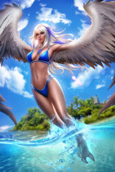 Rule 34 | 1girl, absurdres, ayya sap, bikini, bird legs, blue bikini, blue eyes, blue hair, cloud, eliana (mgl139), facial mark, feathers, gradient wings, harpy, heterochromia, highleg, highleg bikini, highres, long hair, monster girl, multicolored hair, multicolored wings, original, outdoors, parted lips, partially submerged, second-party source, sky, solo, swimsuit, talons, water, white feathers, white hair, winged arms, wings, yellow eyes