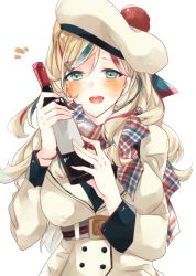 Rule 34 | beret, blonde hair, blue eyes, blue hair, buttons, commandant teste (kancolle), double-breasted, hat, kantai collection, long hair, looking at viewer, multicolored clothes, multicolored hair, multicolored scarf, open mouth, plaid, plaid background, pom pom (clothes), red hair, saiko (saisaka), scarf, simple background, solo, streaked hair, white hair