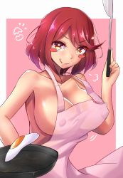 Rule 34 | 1girl, apron, blush, blush stickers, breasts, cleavage, covered erect nipples, egg, eyes visible through hair, food, frying pan, highres, holding, large breasts, looking at viewer, matching hair/eyes, mistynight, motion lines, naked apron, nintendo, no bra, omelet, pyra (xenoblade), red eyes, red hair, short hair, sideboob, smile, solo, standing, star-shaped pupils, star (symbol), symbol-shaped pupils, upper body, xenoblade chronicles (series), xenoblade chronicles 2
