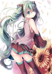 Rule 34 | 1girl, bad id, bad pixiv id, detached sleeves, flower, green eyes, green hair, hatsune miku, long hair, matching hair/eyes, opopowa, skirt, solo, sunflower, thighhighs, twintails, very long hair, vocaloid