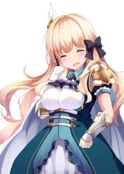 Rule 34 | absurdres, black bow, blonde hair, blunt bangs, blush, bow, breasts, elf, hair bow, hair ornament, hand to own mouth, highres, long hair, pointy ears, princess connect!, saren (princess connect!), simple background, solo, unowenf, white background