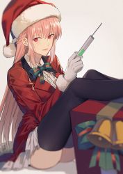 Rule 34 | 1girl, absurdres, bell, black thighhighs, blurry, braid, depth of field, fate/grand order, fate (series), florence nightingale (fate), florence nightingale (santa) (fate), french braid, hat, highres, long hair, looking at viewer, neck ribbon, needle, pink hair, red eyes, ribbon, santa hat, sidelocks, skirt, smile, solo, syringe, thighhighs, thighs, white background, white skirt, yorukun