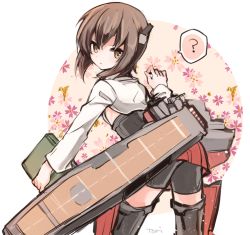 Rule 34 | 10ri, 10s, 1girl, ?, armor, armored boots, artist name, bent over, bike shorts, boots, brown eyes, brown hair, cowboy shot, flight deck, floral background, kantai collection, long hair, looking at viewer, miniskirt, short hair, skirt, spoken question mark, taihou (kancolle), thigh boots, thighhighs, tori (10ri)