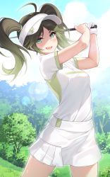 Rule 34 | 1girl, arms up, black hair, blush, breasts, commentary, cowboy shot, day, english commentary, eyes visible through hair, gloves, golf club, green eyes, green hair, highres, holding, holding golf club, long hair, looking at viewer, medium breasts, miniskirt, open mouth, original, outdoors, parted bangs, shirt, short sleeves, single glove, skirt, solo, standing, sweat, twintails, uosaasou, visor cap, white gloves, white shirt, white skirt