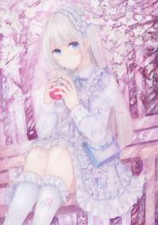 Rule 34 | 1girl, apron, bag, bench, blue eyes, blush, cherry blossoms, colored pencil (medium), cup, darkkanan, disposable cup, dress, drinking, forest, frilled apron, frilled dress, frills, hairband, highres, kneehighs, legs, lolita fashion, lolita hairband, long hair, looking at viewer, nature, original, outdoors, painting (medium), pinafore dress, pink background, shoulder bag, sidelocks, sitting, sleeveless dress, socks, solo, traditional media, watercolor (medium), white dress, white hair, white socks