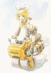 Rule 34 | 1girl, :d, arm tattoo, blonde hair, blue eyes, bow, detached sleeves, epoxy putty, exhaust pipe, hair bow, hair ornament, hairclip, handlebar, headphones, headset, kagamine rin, leg warmers, looking down, open mouth, painting (medium), rear-view mirror, riding, sailor collar, short hair, shorts, side-view mirror, smile, solo, standing on object, steamroller, tattoo, traditional media, vehicle, vocaloid, watercolor (medium)