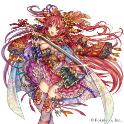 Rule 34 | 1girl, ahoge, arm up, armor, beads, blue armor, blue cape, bow, breasts, bridal gauntlets, cape, cleavage, company name, cross-laced clothes, detached sleeves, fighting stance, fingernails, floating hair, floral print, gem, glint, hair between eyes, hair bow, hair ribbon, holding, holding sword, holding weapon, japanese armor, katana, kusazuri, long hair, looking at viewer, madogawa, medium breasts, multicolored cape, multicolored clothes, obi, official art, open mouth, orange eyes, petticoat, pink ribbon, pink skirt, print bow, print cape, purple cape, red bow, red hair, red ribbon, red scarf, ribbon, ribbon-trimmed legwear, ribbon-trimmed skirt, ribbon trim, rope, sash, scarf, sengoku gensoukyoku, serious, shimenawa, sidelocks, simple background, skirt, solo, standing, sword, tassel, thighhighs, two-handed, two side up, v-shaped eyebrows, vambraces, very long hair, weapon, white background, white cape, white thighhighs, wind, zettai ryouiki