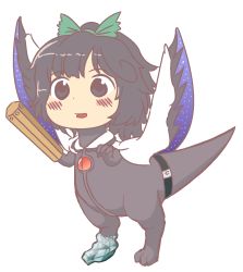 Rule 34 | 1girl, anonymous (japanese), arm cannon, bird wings, black hair, black wings, blush, bow, cape, control rod, expressionless, full body, green bow, grey eyes, gyate gyate, hair bow, medium hair, open mouth, reiuji utsuho, simple background, solo, starry sky print, third eye, touhou, transparent background, tyrannosaurus rex, wavy hair, weapon, white cape, wings