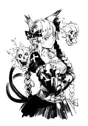 Rule 34 | 1girl, animal ears, blush, bow, braid, cat ears, cat tail, closed mouth, contrapposto, cowboy shot, cross, dress, fingernails, flaming skull, floating skull, greyscale, hair bow, hair ornament, hair ribbon, hand up, juliet sleeves, kaenbyou rin, latin cross, long hair, long sleeves, monochrome, multiple tails, nekomata, puffy sleeves, ribbon, ruukii drift, simple background, skull, solo, standing, tail, touhou, tress ribbon, twin braids, two tails, very long hair, white background