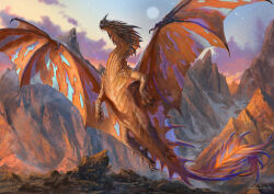 andrea_piparo animal_focus blue_sky claws cloud commentary dragon english_commentary fantasy full_body full_moon giant giant_monster highres monster moon moon_in_daylight mountain no_humans original outdoors painterly realistic rock scenery sharp_teeth signature sky solo spread_wings tail teeth western_dragon wings