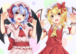 Rule 34 | 2girls, :d, ascot, bat wings, blonde hair, blue hair, blush, bow, breasts, brooch, circle, claw pose, commentary request, cowboy shot, crystal, dress, eyes visible through hair, fang, flandre scarlet, frilled shirt collar, frills, grey background, hair between eyes, hands up, hat, hat bow, hat ribbon, head tilt, jewelry, looking at viewer, mob cap, multiple girls, one side up, open mouth, pink dress, pink hat, puffy short sleeves, puffy sleeves, red ascot, red bow, red eyes, red ribbon, red sash, red skirt, red vest, remilia scarlet, ribbon, santarou, sash, shirt, short sleeves, siblings, sisters, skirt, small breasts, smile, touhou, v-shaped eyebrows, vest, white hat, white shirt, wings, wrist cuffs, yellow ascot