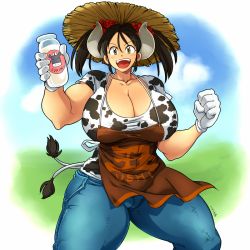 Rule 34 | 1girl, animal print, breasts, brown eyes, brown hair, cameltoe, cleavage, cow girl, cow print, gigantic breasts, gloves, grey horns, hataraki ari, horns, huge breasts, long hair, looking at viewer, milk, muscular, muscular female, open mouth, original, smile, solo, standing, sukimi, thick thighs, thighs, twintails, white gloves