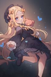 Rule 34 | 1girl, abigail williams (fate), black bow, black dress, black hat, blonde hair, bloomers, blue eyes, bow, breasts, bug, butterfly, dress, fate/grand order, fate (series), forehead, hair bow, hat, highres, insect, long hair, long sleeves, looking at viewer, miya (miyaruta), open mouth, orange bow, parted bangs, ribbed dress, small breasts, solo, stuffed animal, stuffed toy, teddy bear, underwear, white bloomers