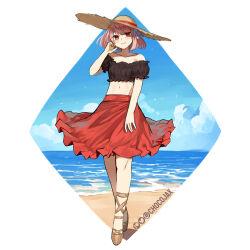 Rule 34 | 1girl, alternate costume, bare shoulders, black shirt, blue sky, chocojax, cloud, commentary, crop top, day, fire emblem, fire emblem engage, full body, hair ribbon, hat, head tilt, highres, lapis (fire emblem), looking at viewer, midriff, navel, nintendo, off-shoulder shirt, off shoulder, pink eyes, pink hair, red skirt, ribbon, shirt, short hair, short sleeves, skirt, sky, smile, solo, standing, stomach, sun hat