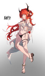 Rule 34 | 1girl, absurdres, arknights, bikini, black bikini, black horns, breasts, character name, cleavage, commentary request, criss-cross halter, detached sleeves, full body, gradient background, halterneck, hand up, highres, horns, krao, long hair, long sleeves, looking at viewer, medium breasts, official alternate costume, one eye closed, purple eyes, red hair, sand, solo, standing, standing on one leg, surtr (arknights), surtr (colorful wonderland) (arknights), swimsuit, thigh strap